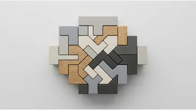 Geometric Wooden And Ceramic Puzzle Pieces Arranged Together