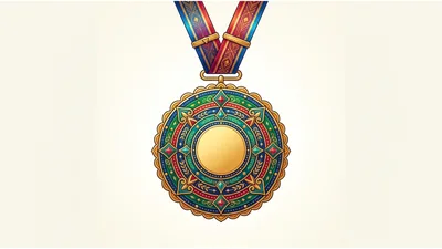 Ornate Circular Gold Medal With Decorative Ribbon