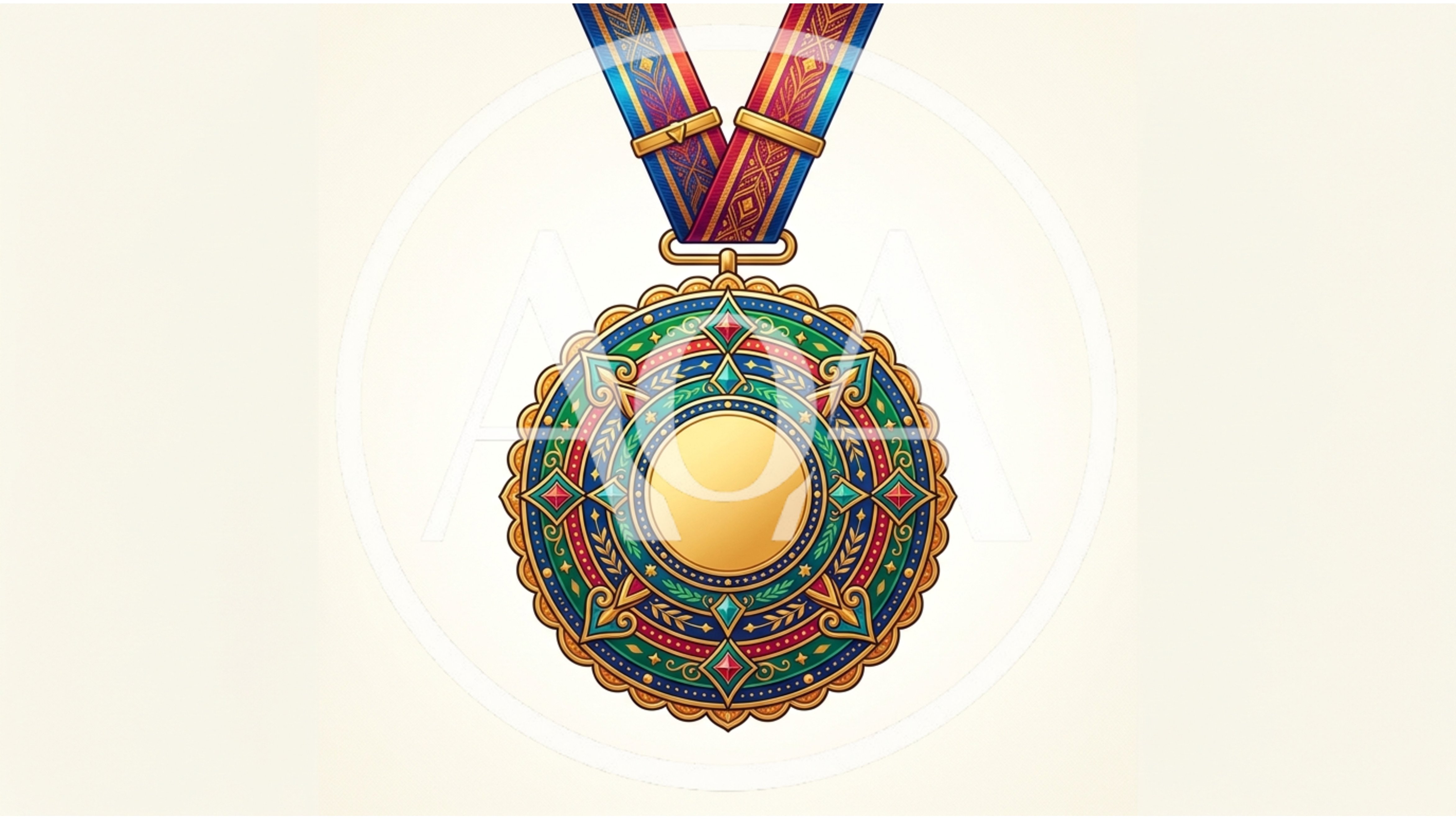 Ornate Circular Gold Medal With Decorative Ribbon
