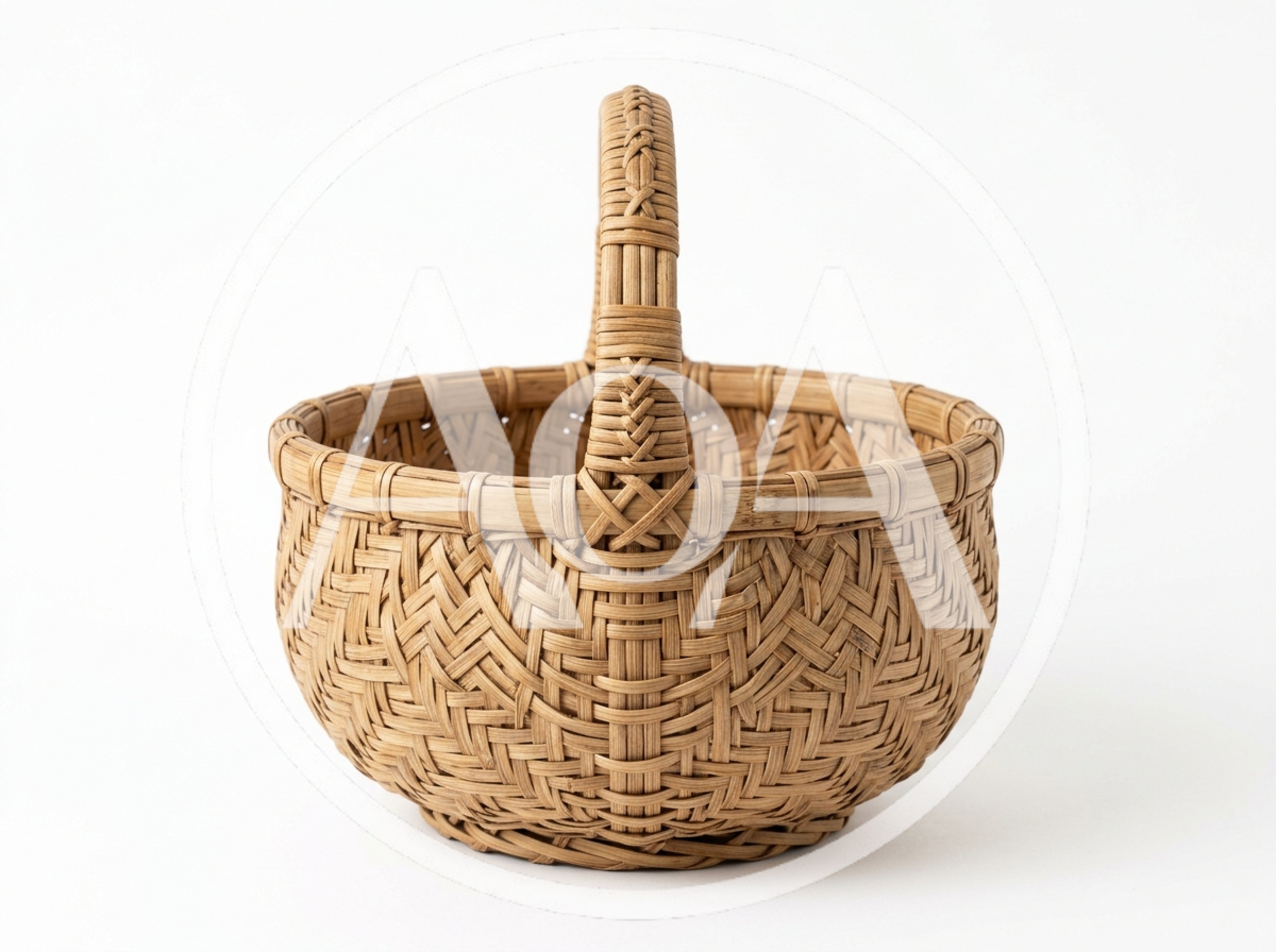 Woven Rattan Basket With Handle On White Background