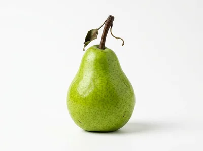 Single Fresh Green Pear With Stem And Leaf