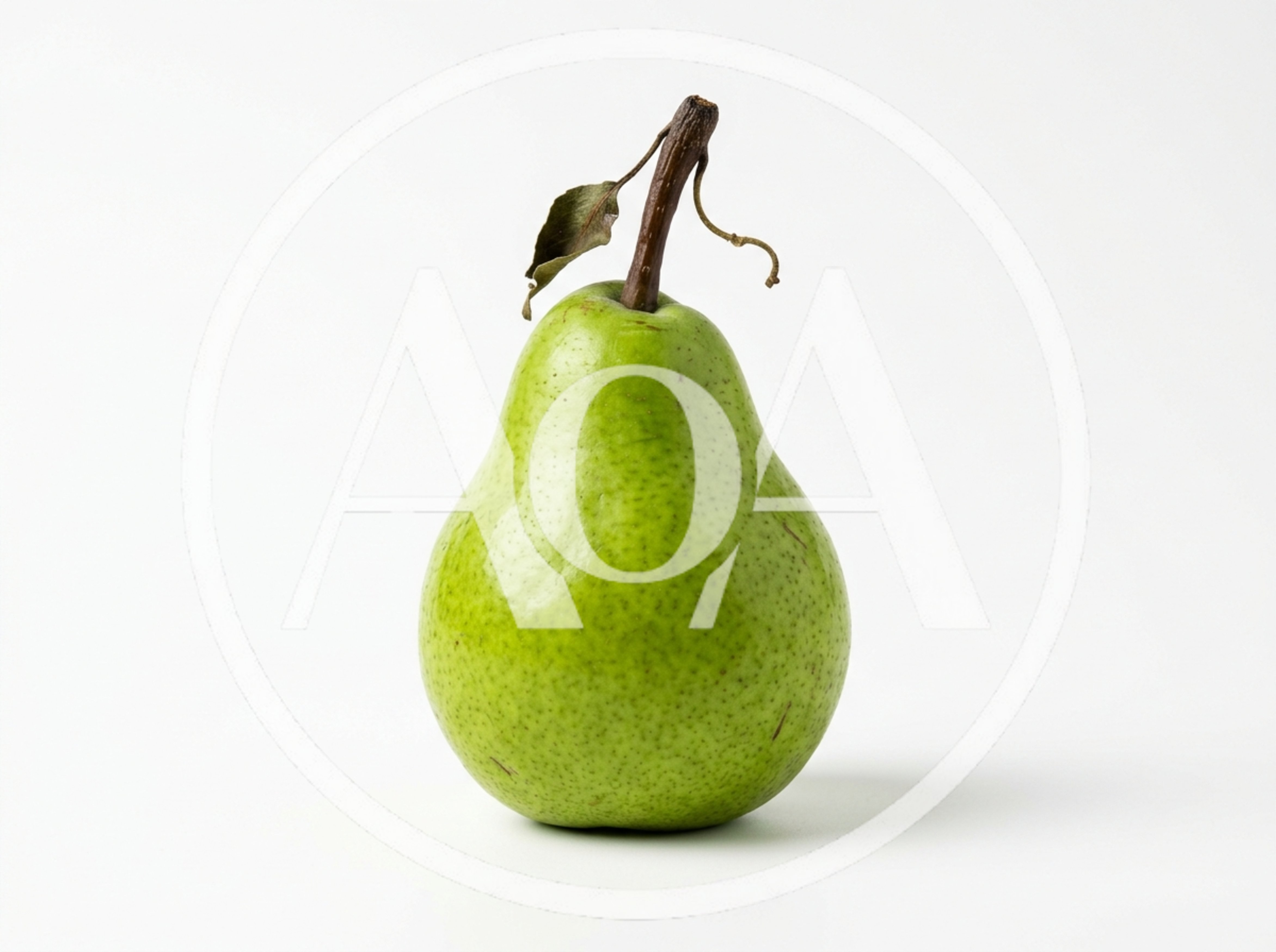 Single Fresh Green Pear With Stem And Leaf