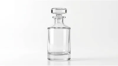 Empty Glass Decanter With Stopper On White Background