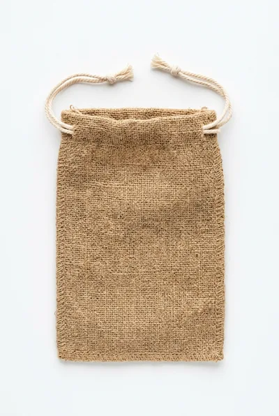 Empty Burlap Drawstring Pouch on White Background