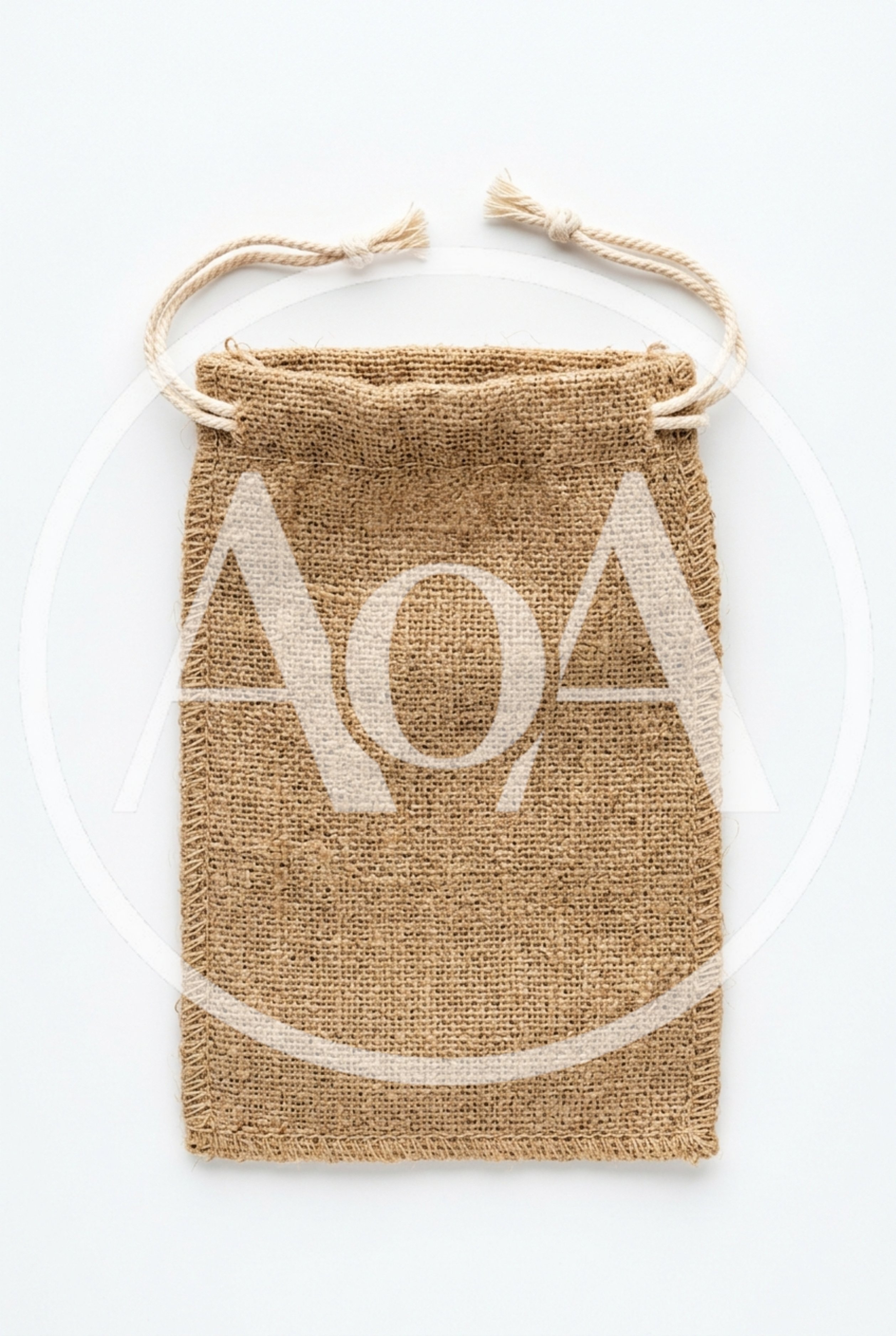 Empty Burlap Drawstring Pouch on White Background