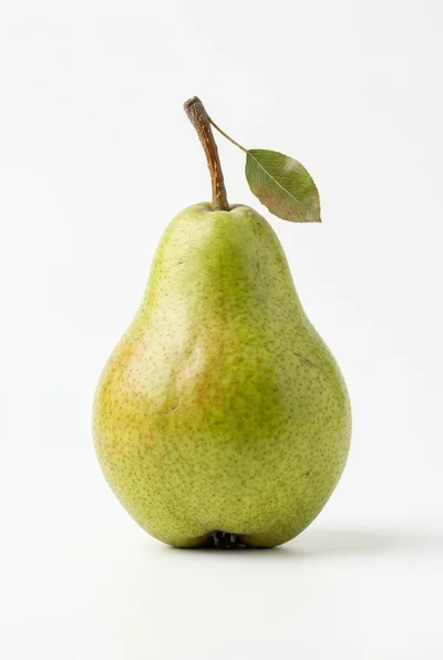 Single Fresh Green Pear With Leaf On White Background