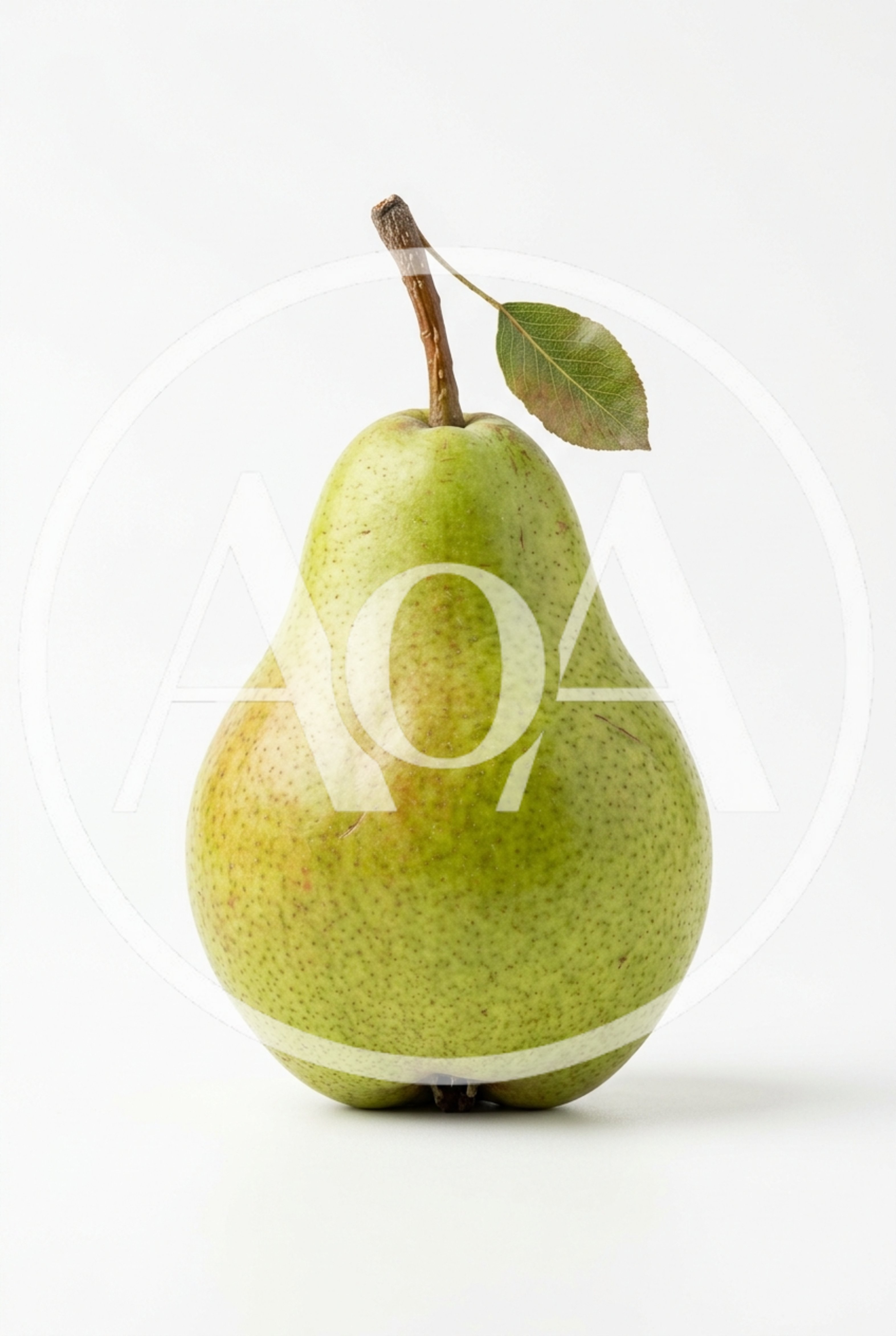 Single Fresh Green Pear With Leaf On White Background