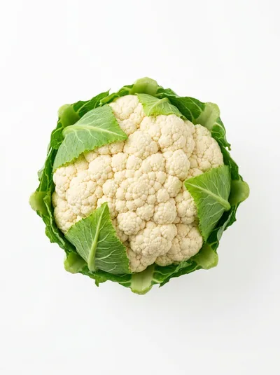 Fresh Raw Cauliflower Head With Green Leaves
