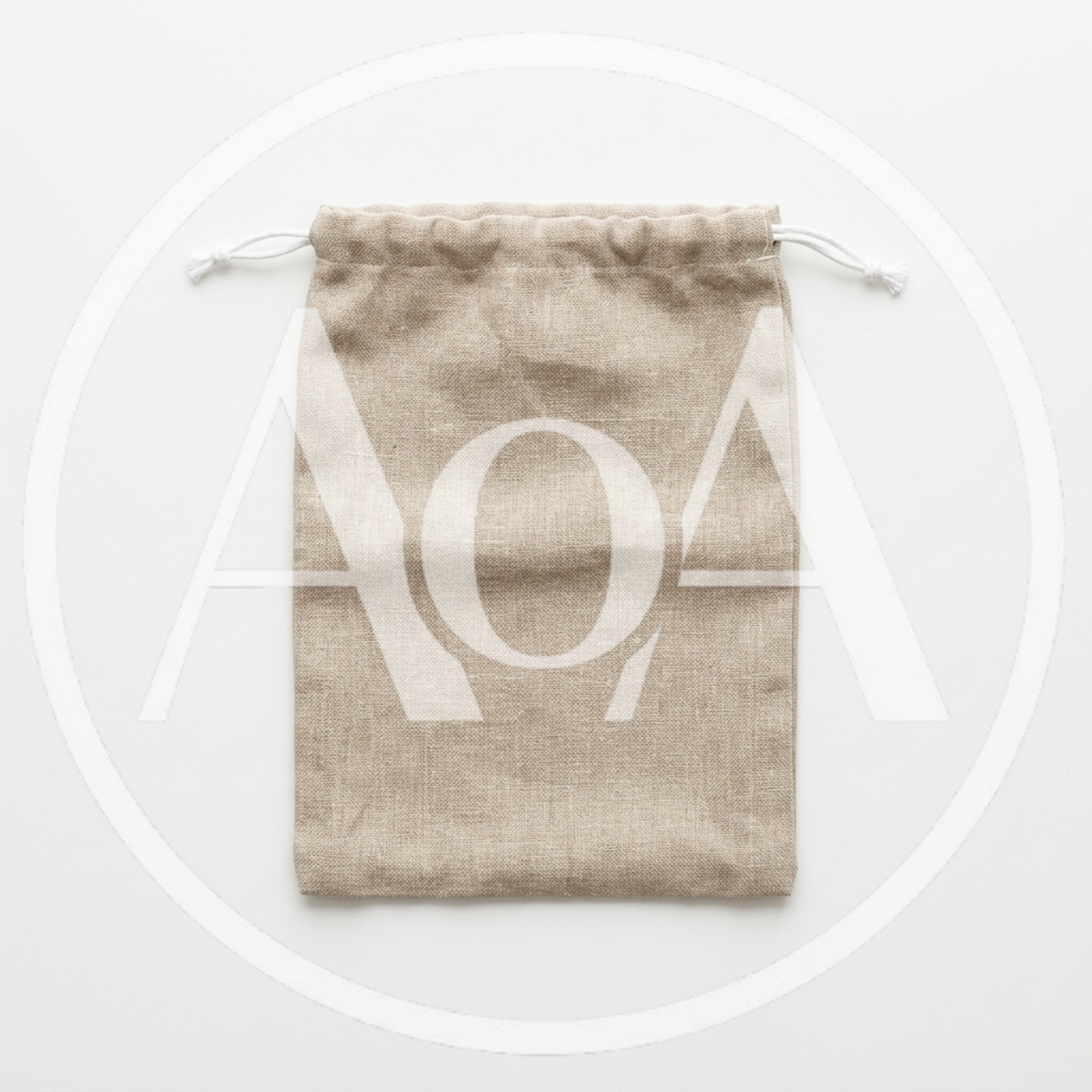 Empty Linen Drawstring Pouch on White Background