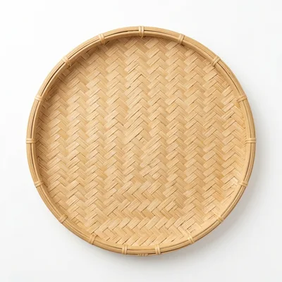 Round Woven Bamboo Tray On White Background