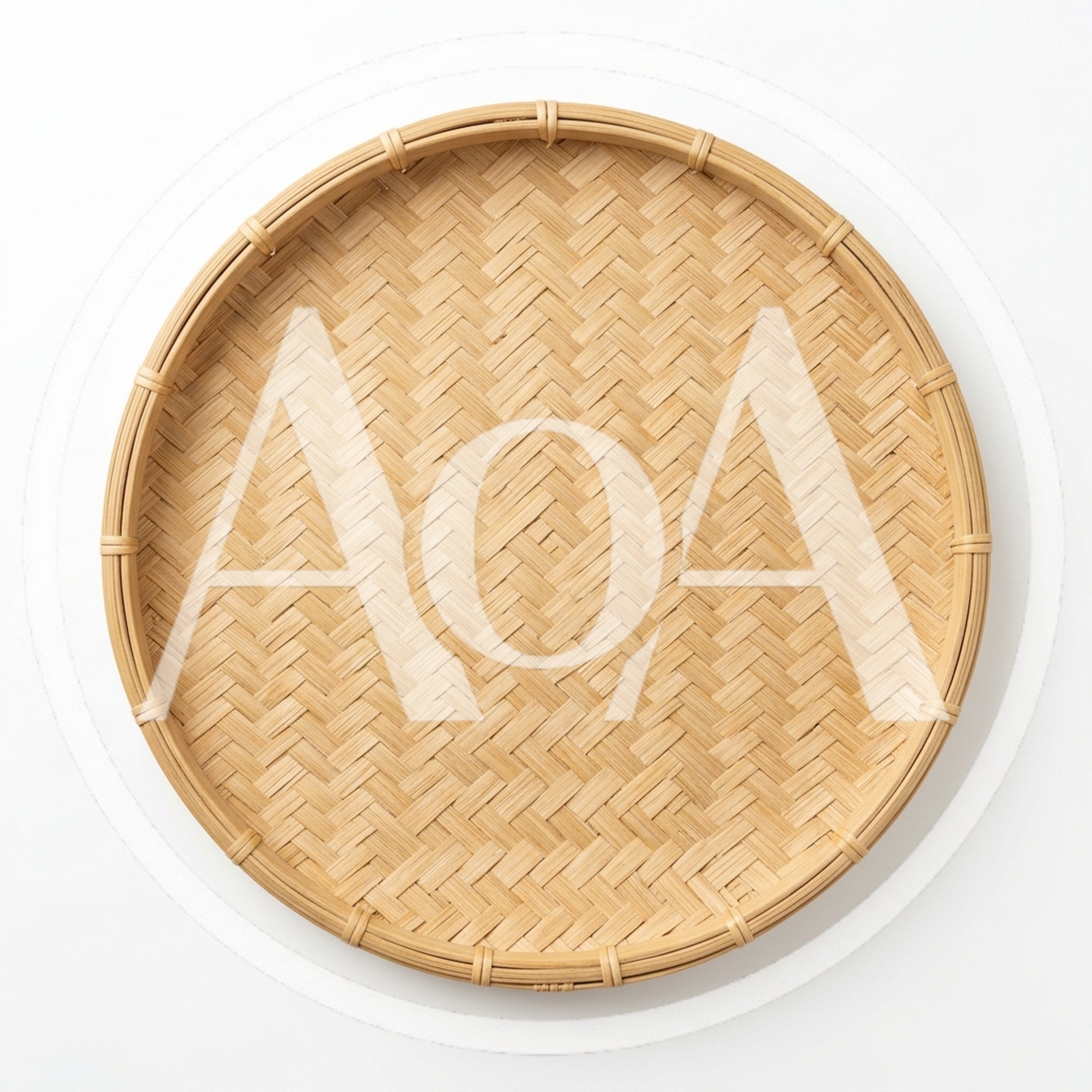 Round Woven Bamboo Tray On White Background