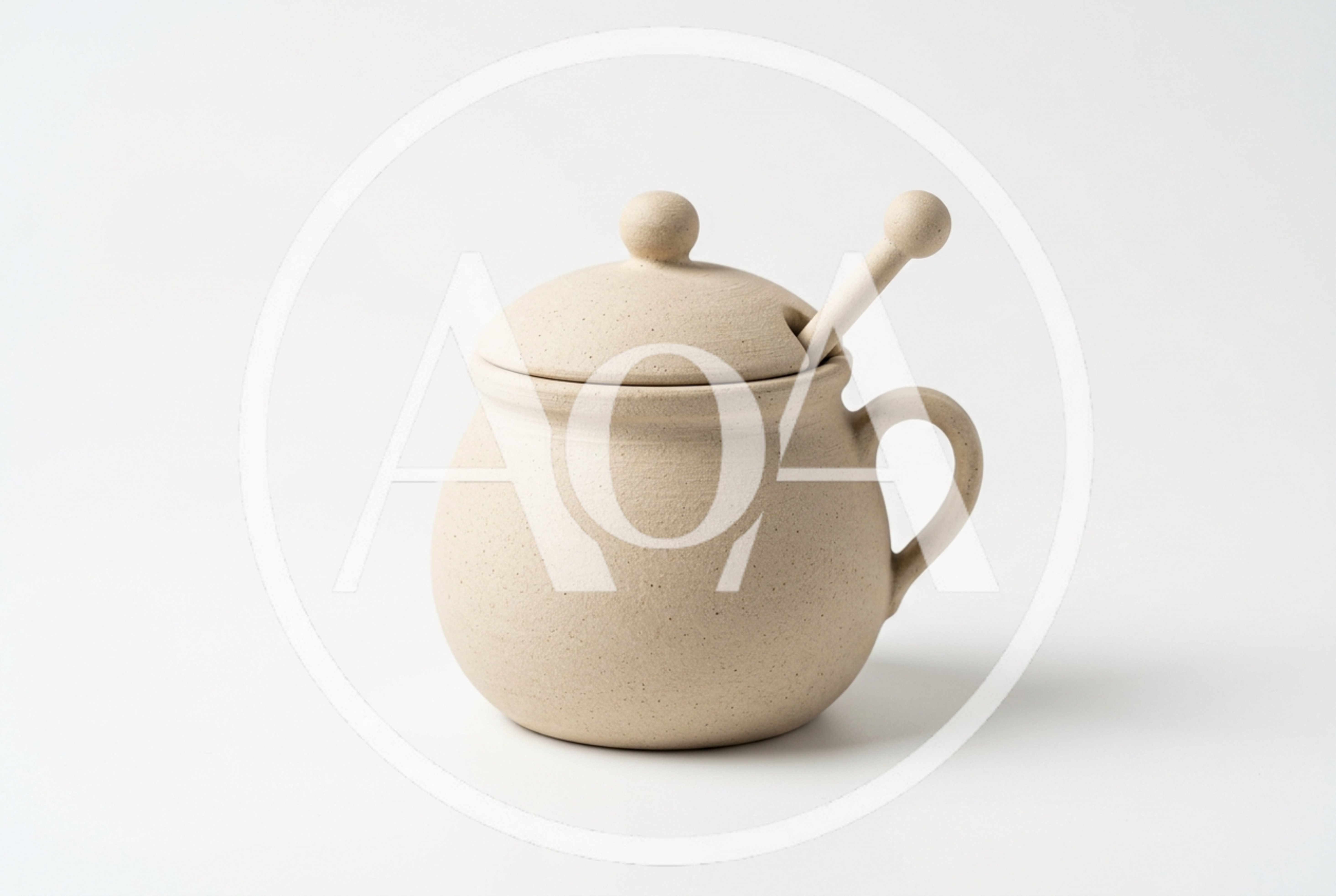 Ceramic Honey Pot With Dipper On White Background