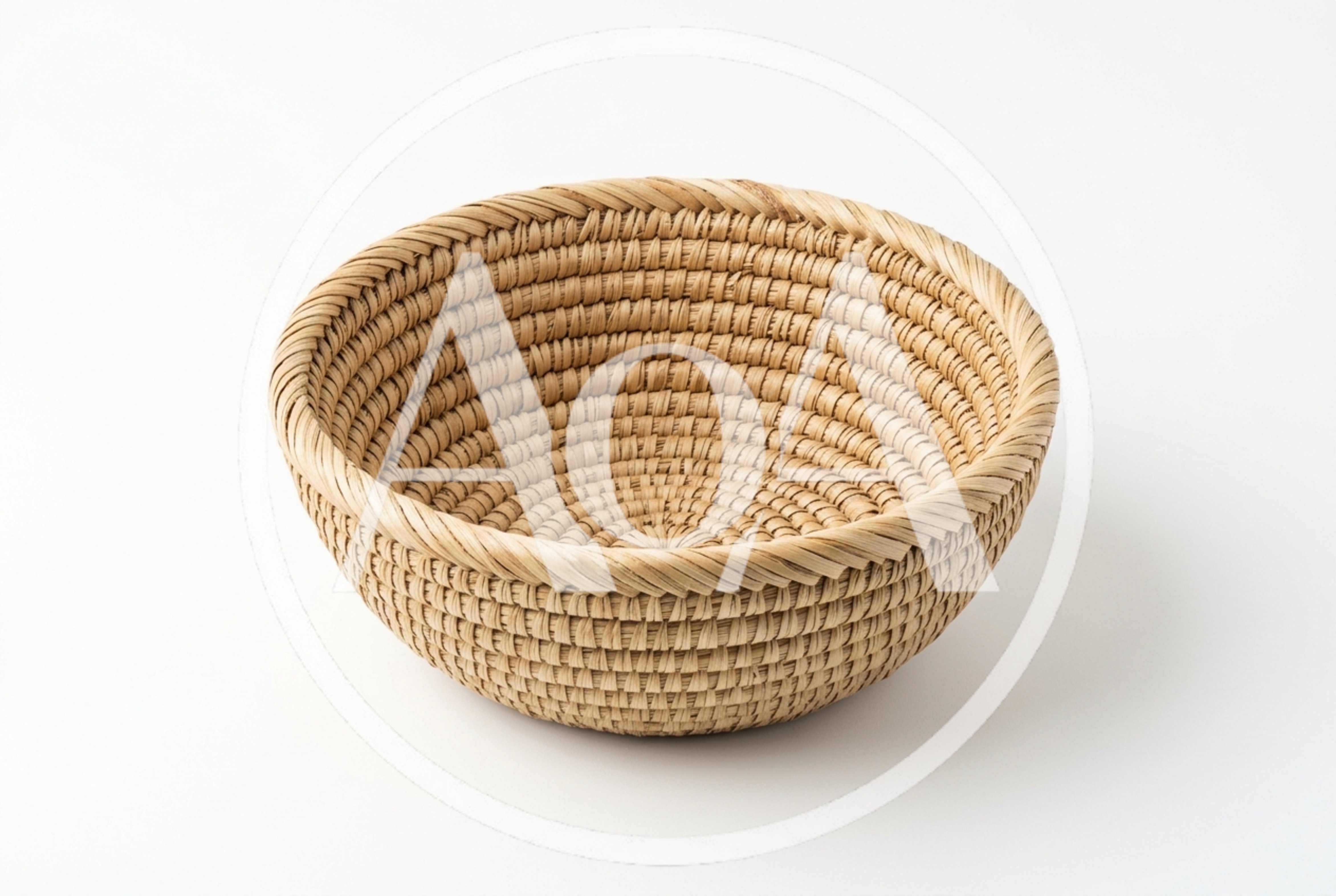 Handwoven Wicker Basket Bowl on White Background