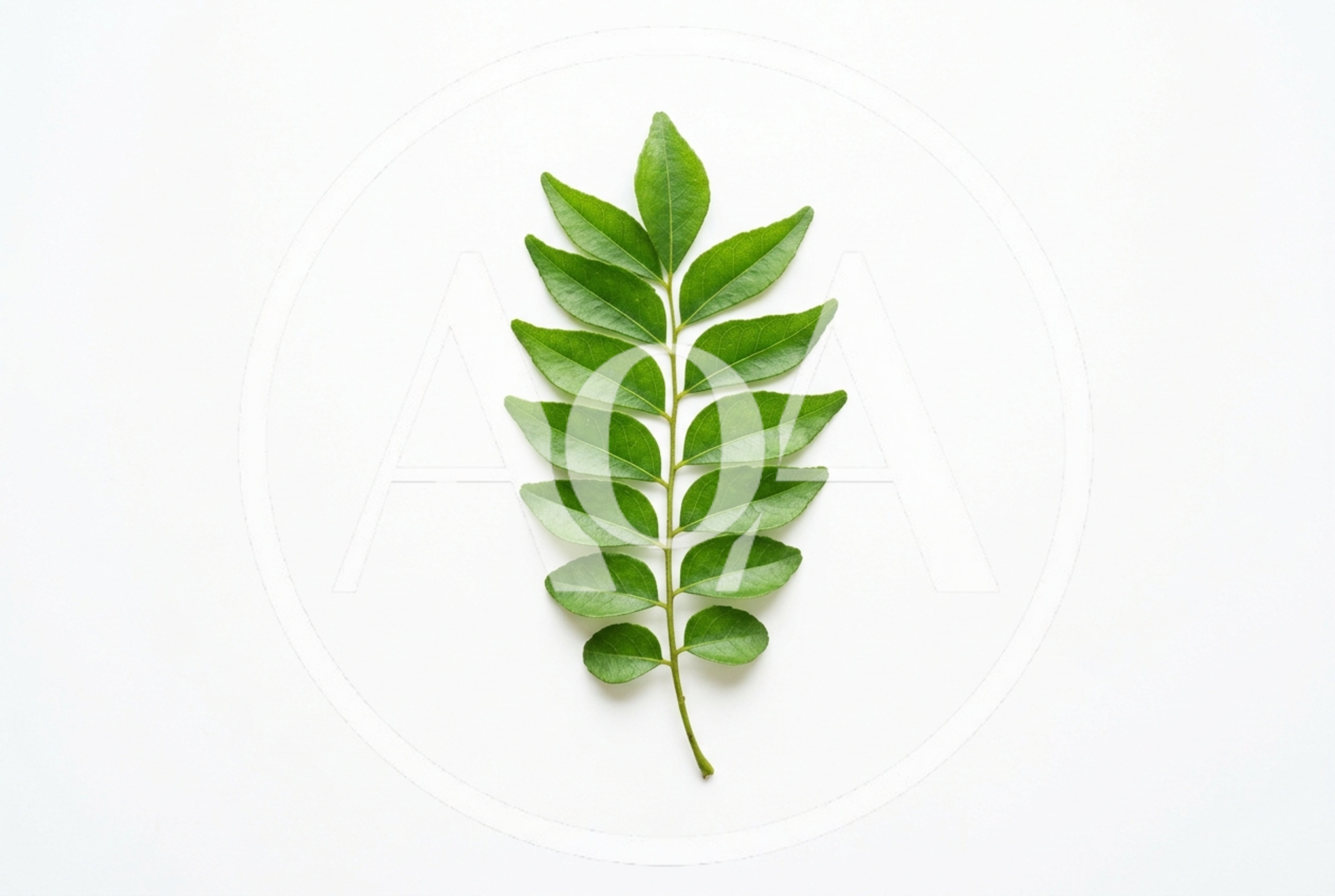 Fresh Green Curry Leaves Sprig On White Background
