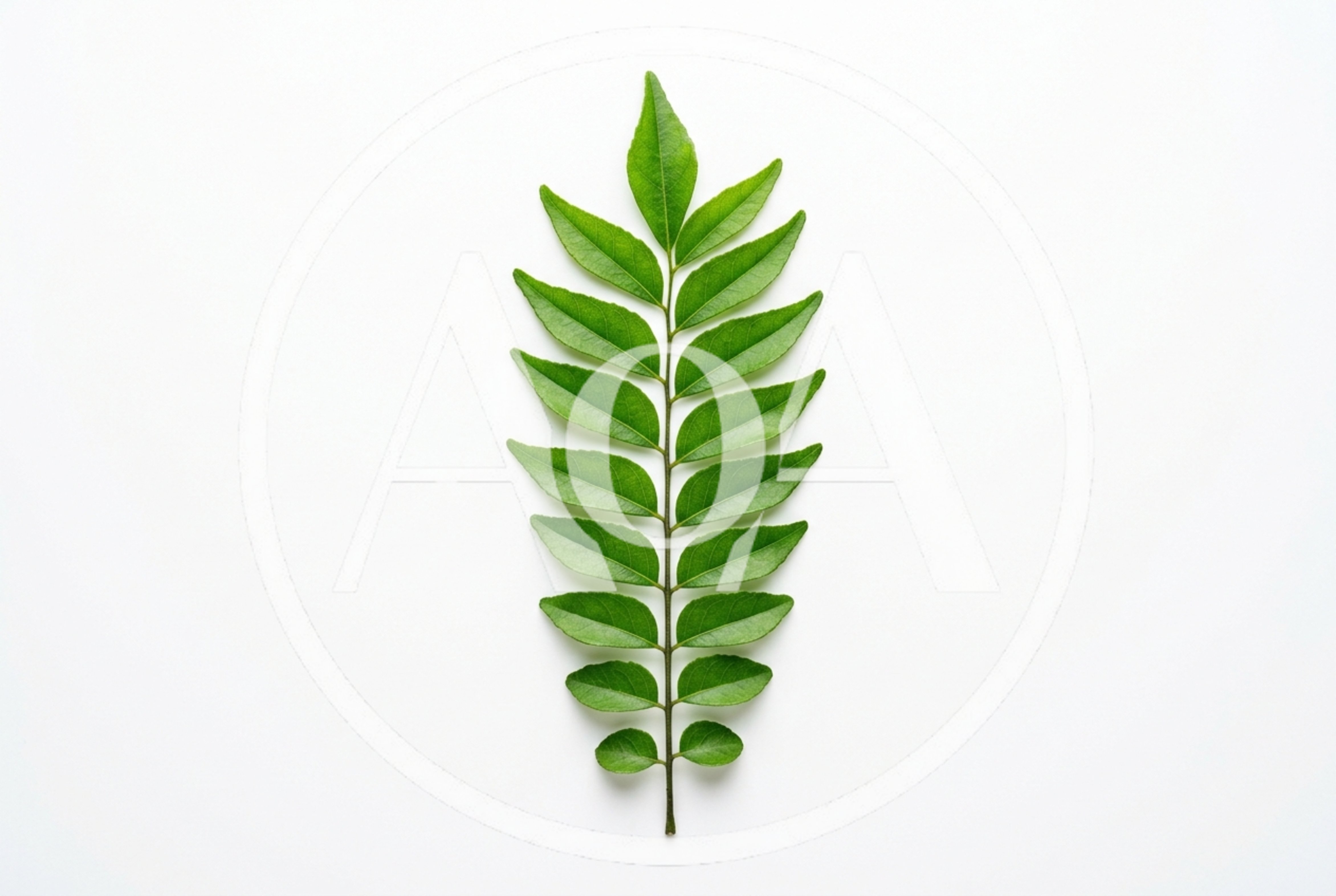 Fresh Green Curry Leaves Sprig on White Background