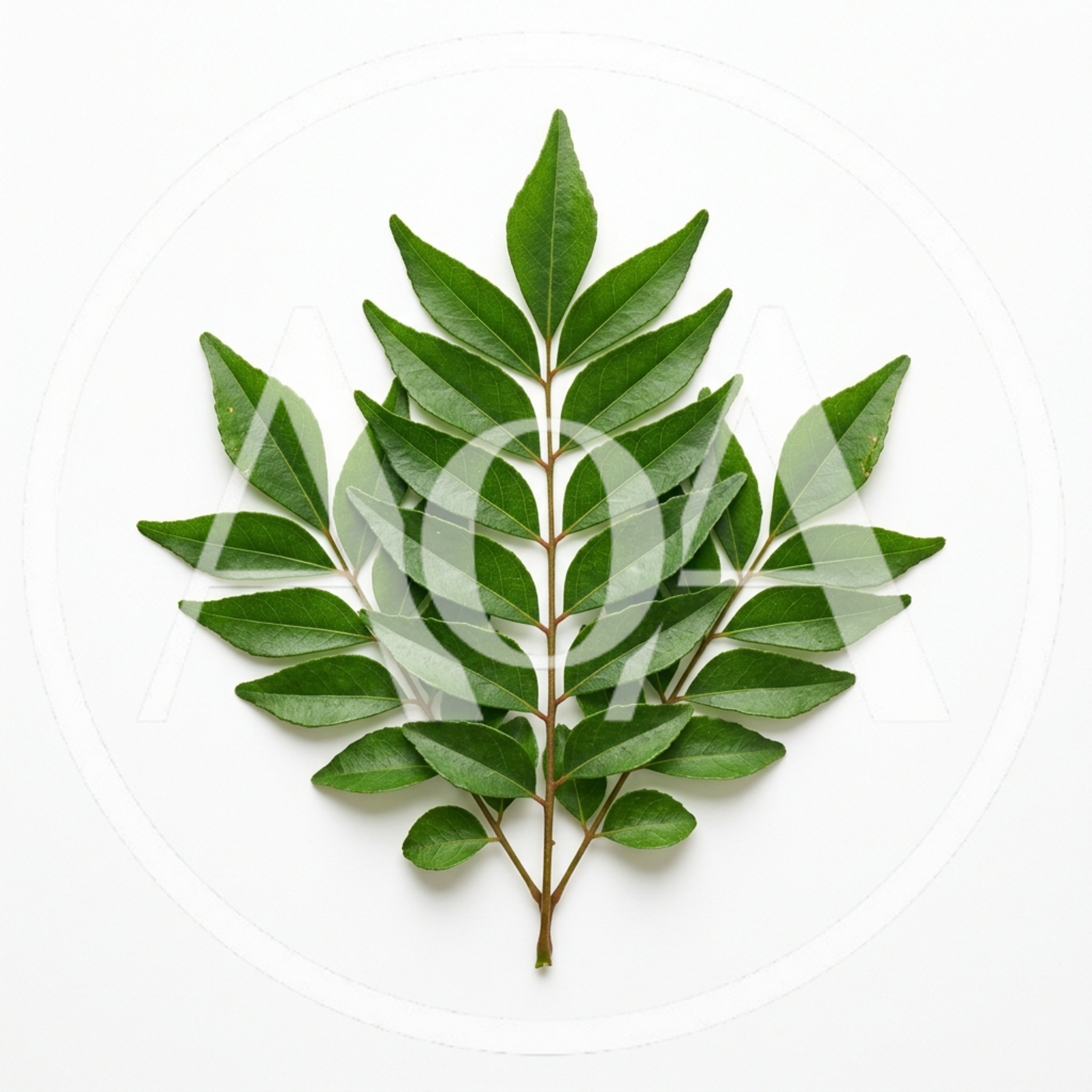 Fresh Green Curry Leaves Sprig on White Background