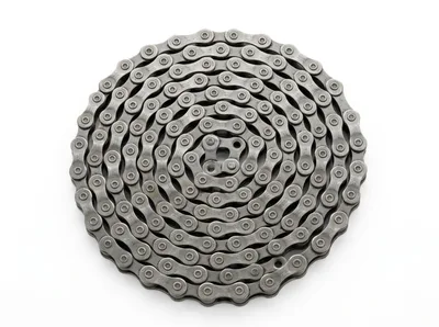 Coiled Metal Bicycle Chain on White Background