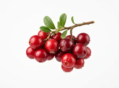 Fresh Ripe Cranberries On A Branch With Green Leaves
