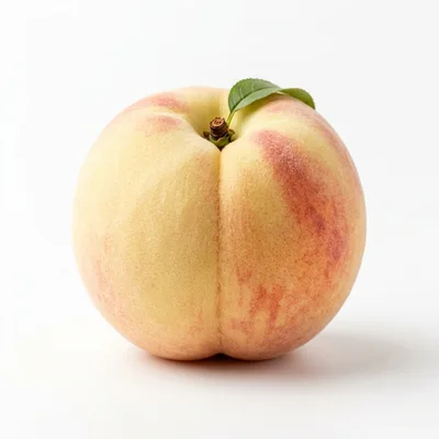 Single Fresh Peach With Green Leaf On White Background