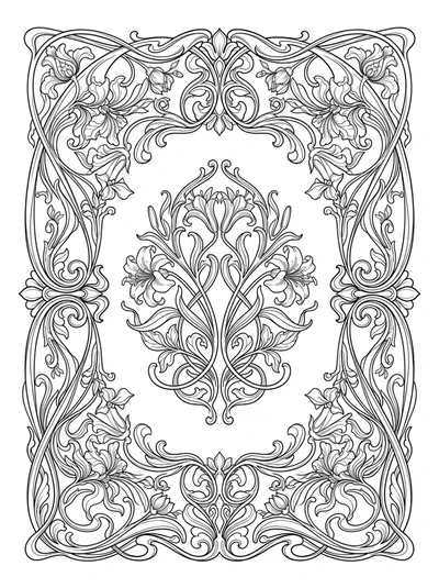 Art Nouveau Floral Border And Central Motif Coloring Page