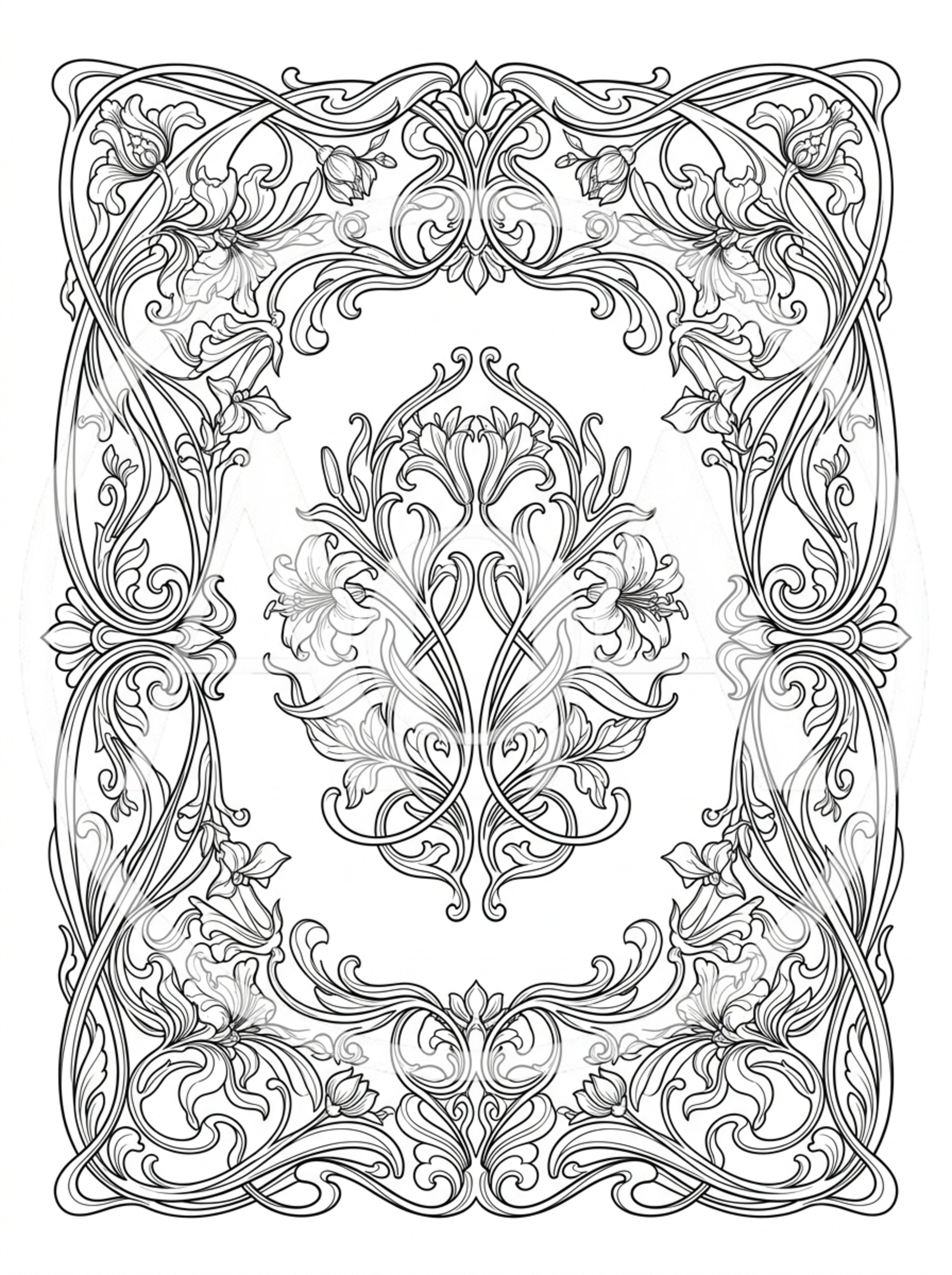 Art Nouveau Floral Border And Central Motif Coloring Page