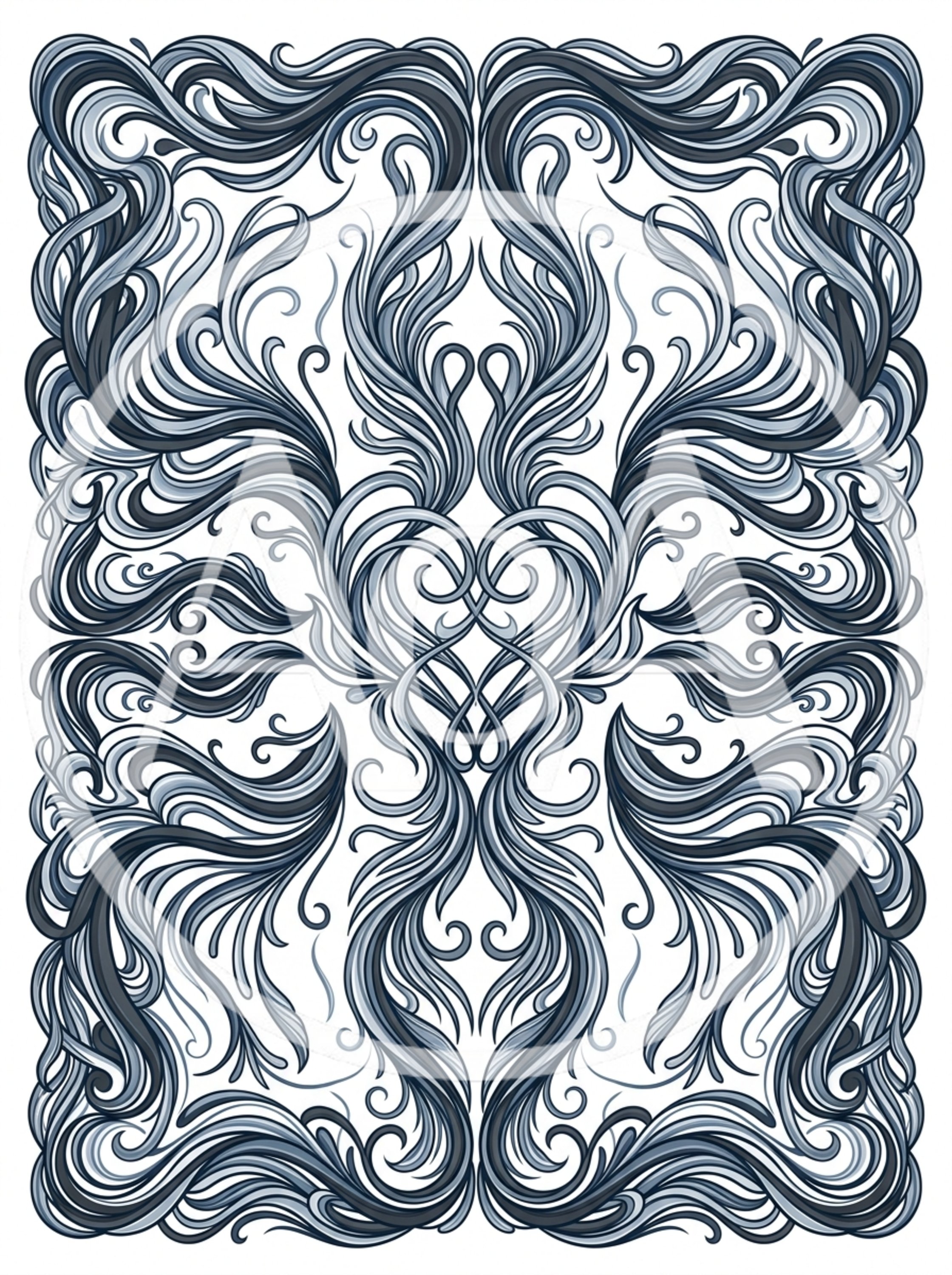 Symmetrical Blue Floral Ornamental Art Nouveau Pattern