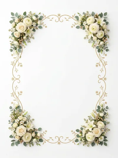 Elegant Floral Frame With White Roses And Gold Accents