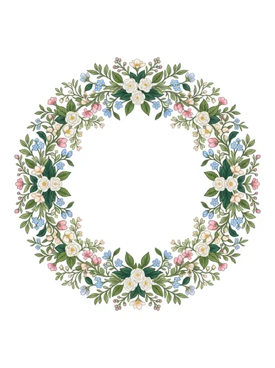 Floral Wreath Illustration With White Roses And Blue Flowers