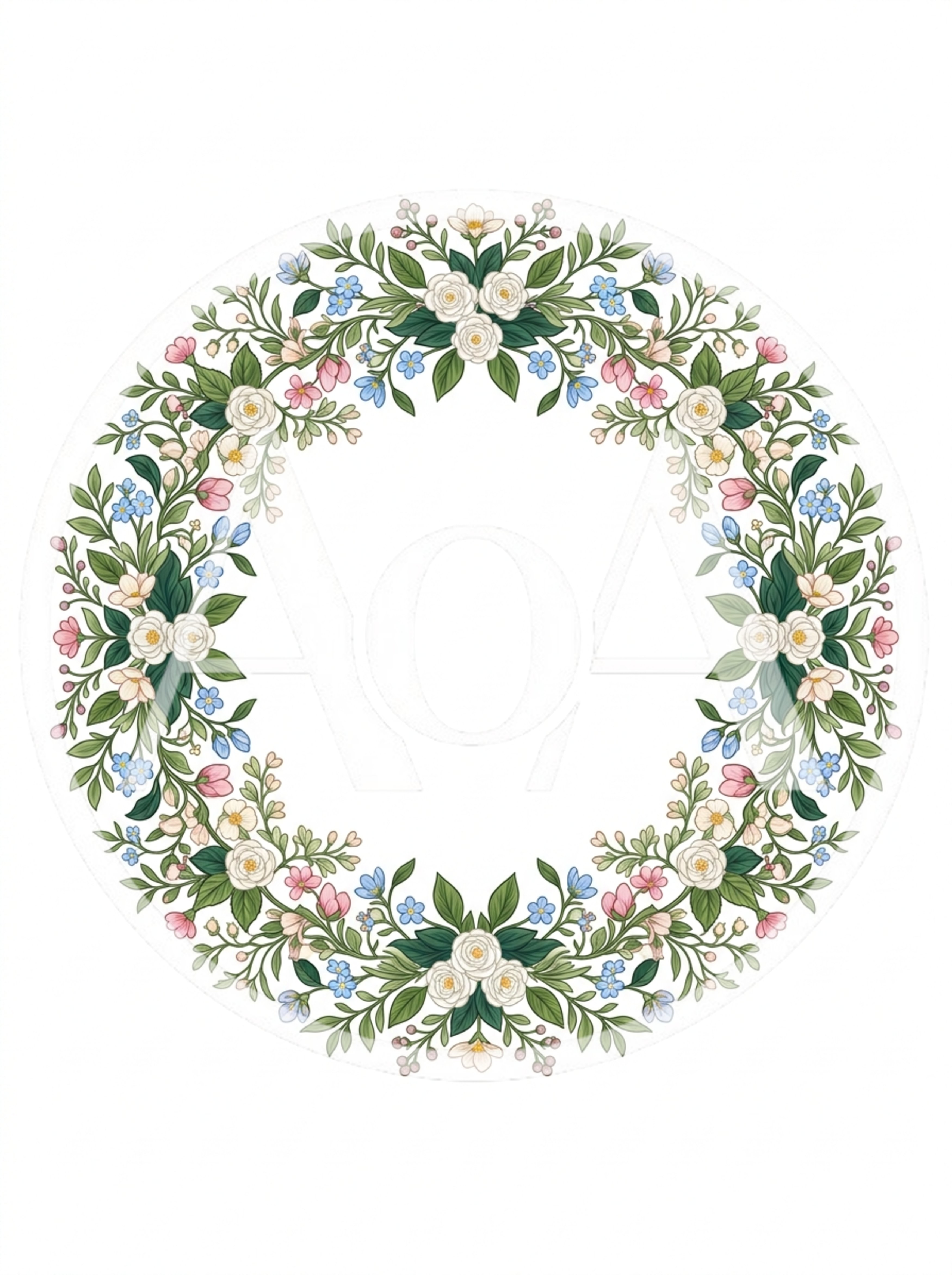 Floral Wreath Illustration With White Roses And Blue Flowers