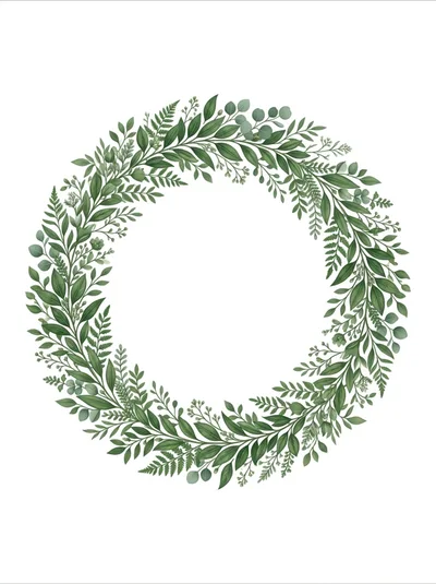Watercolor Botanical Wreath With Green Leaves And Ferns