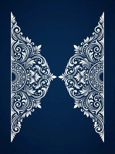 Symmetrical White Floral Damask Ornament On Dark Blue Background