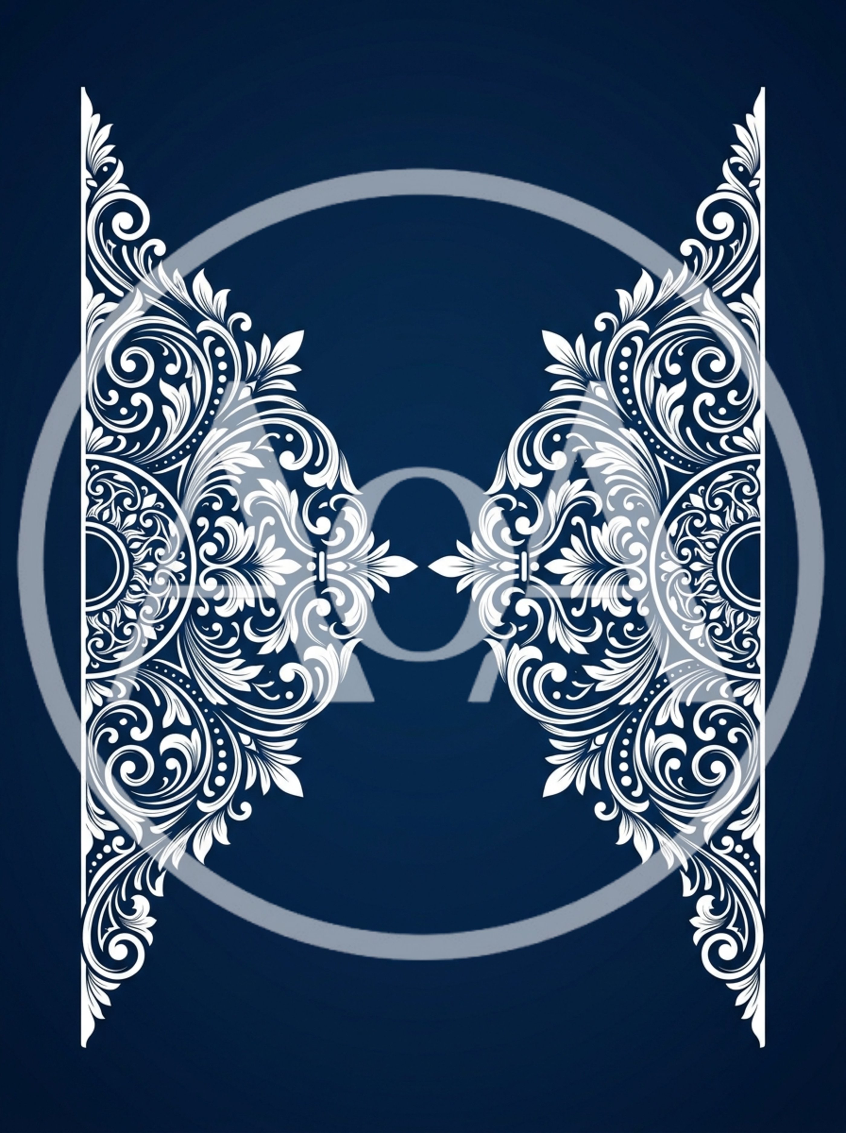Symmetrical White Floral Damask Ornament On Dark Blue Background