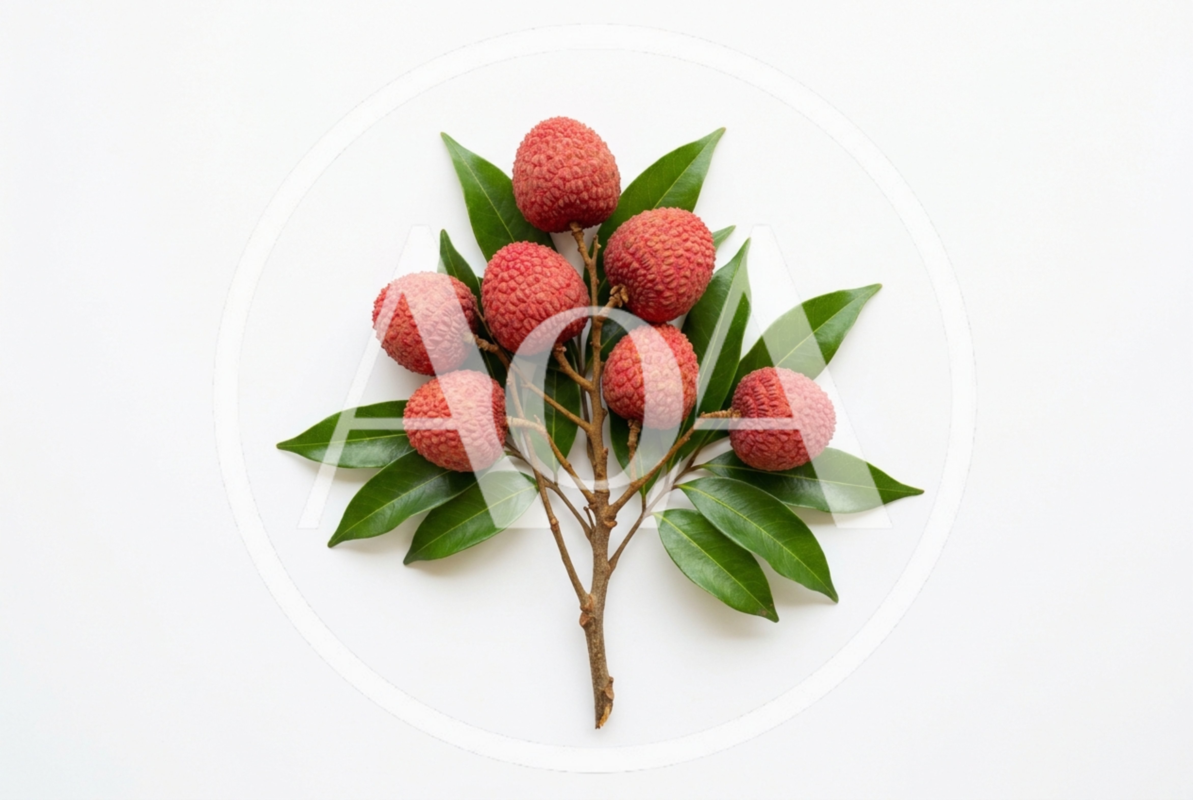 Fresh Lychee Fruit Cluster With Green Leaves