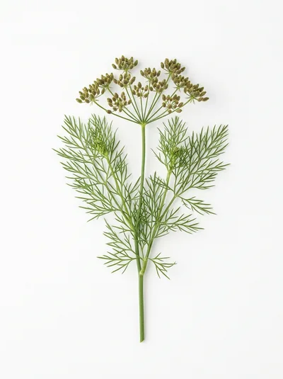 Fresh Dill Sprig With Seeds On White Background