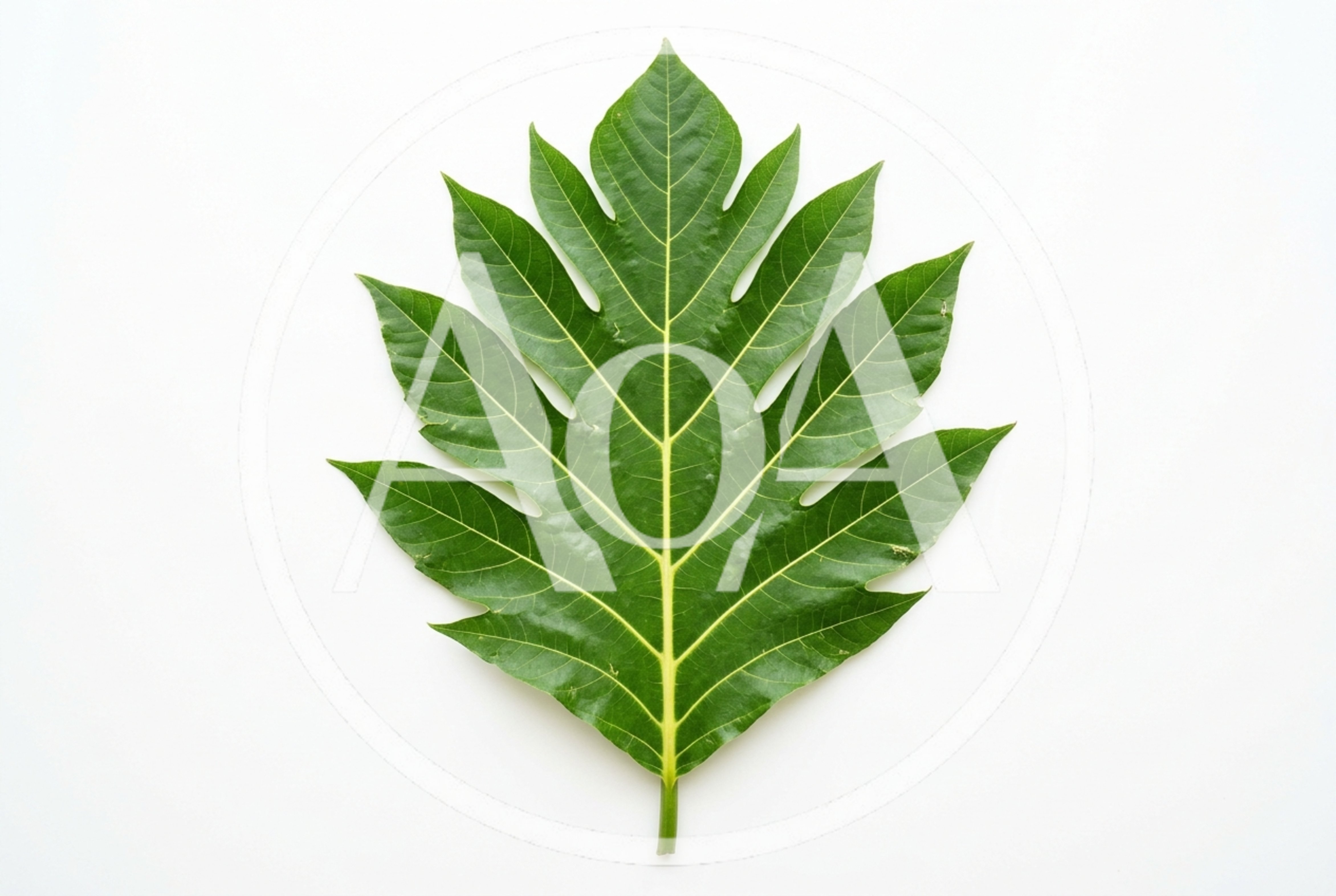 Single Green Breadfruit Leaf on White Background