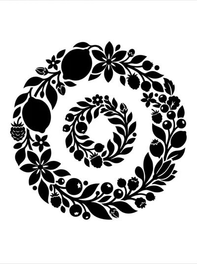 Black Silhouette Floral Wreath With Berries And Lemons