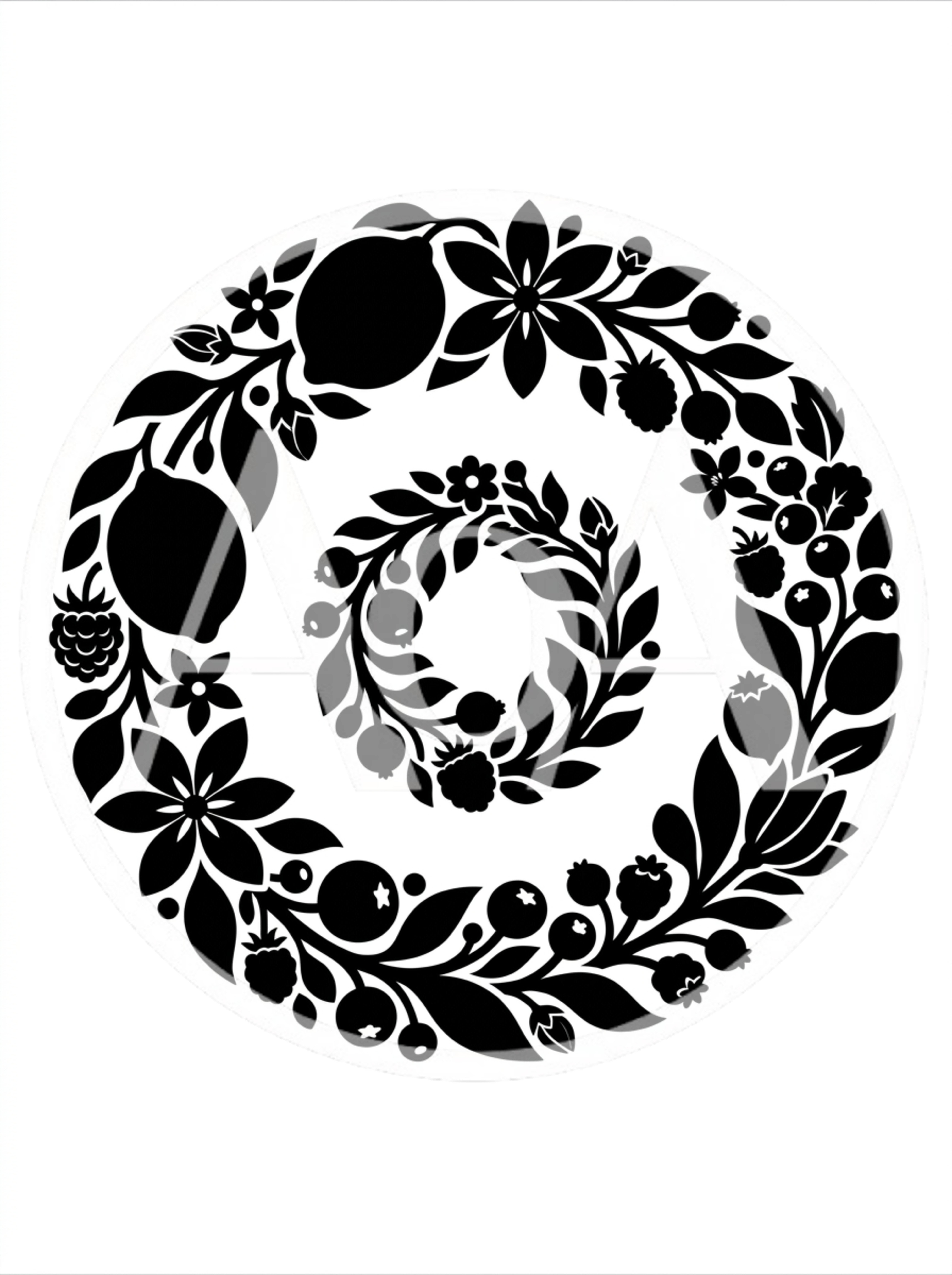 Black Silhouette Floral Wreath With Berries And Lemons