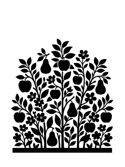 Black Silhouette Illustration Of A Fruit Tree Garden