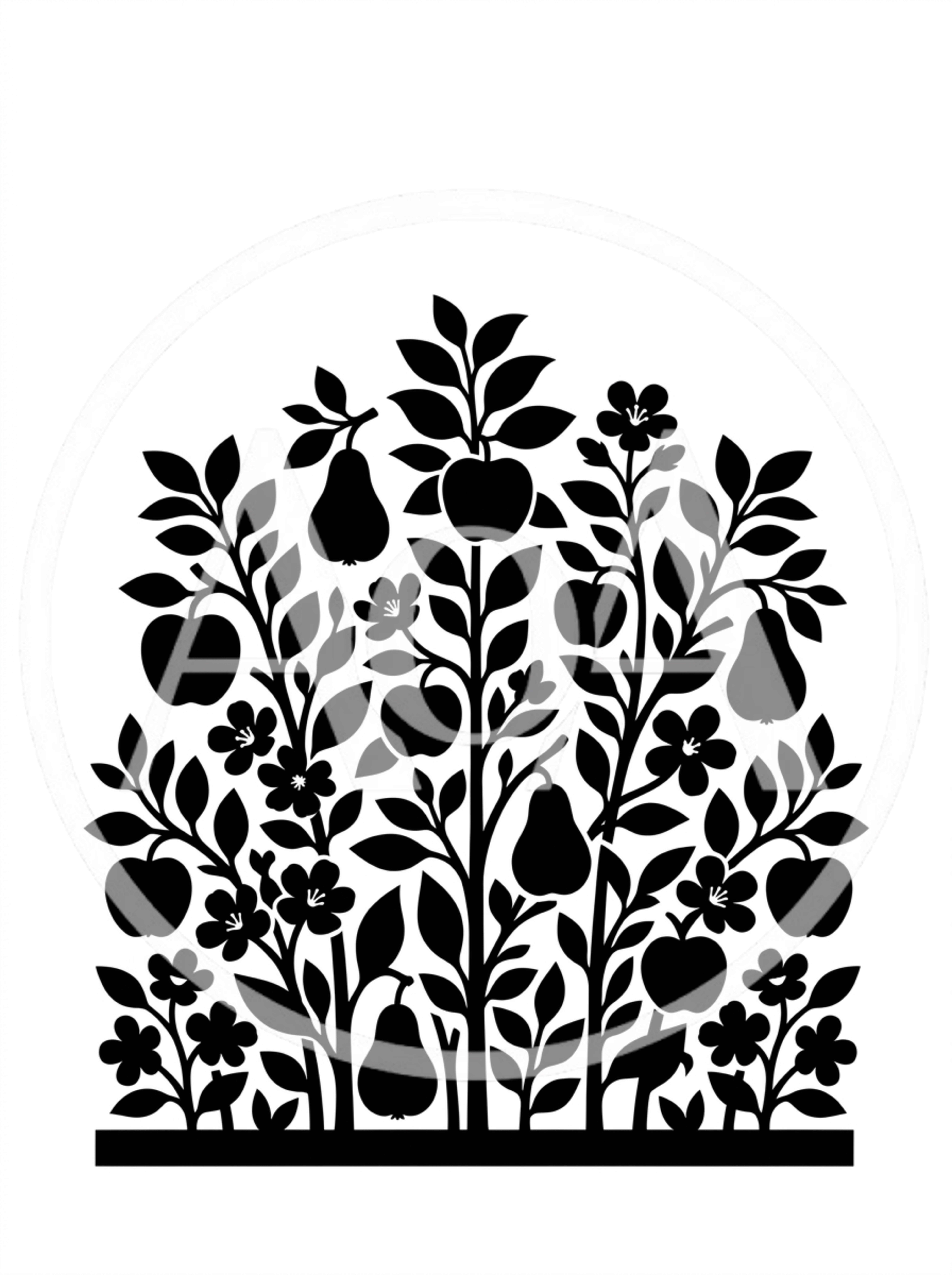 Black Silhouette Illustration Of A Fruit Tree Garden