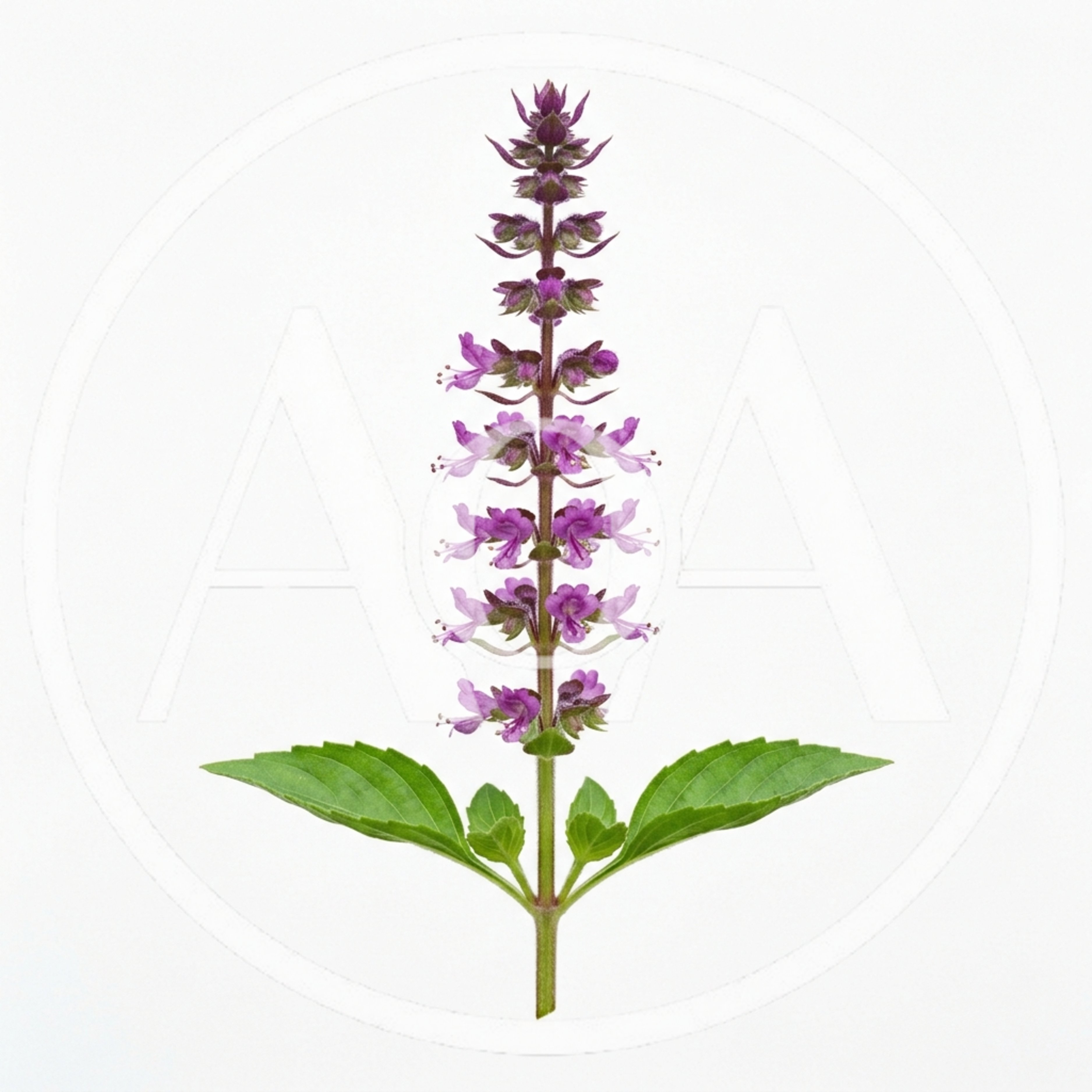 Fresh Purple Basil Flower Spike With Green Leaves