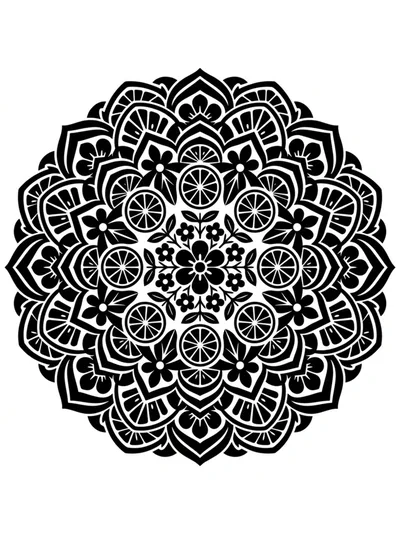 Black And White Floral Citrus Mandala Illustration