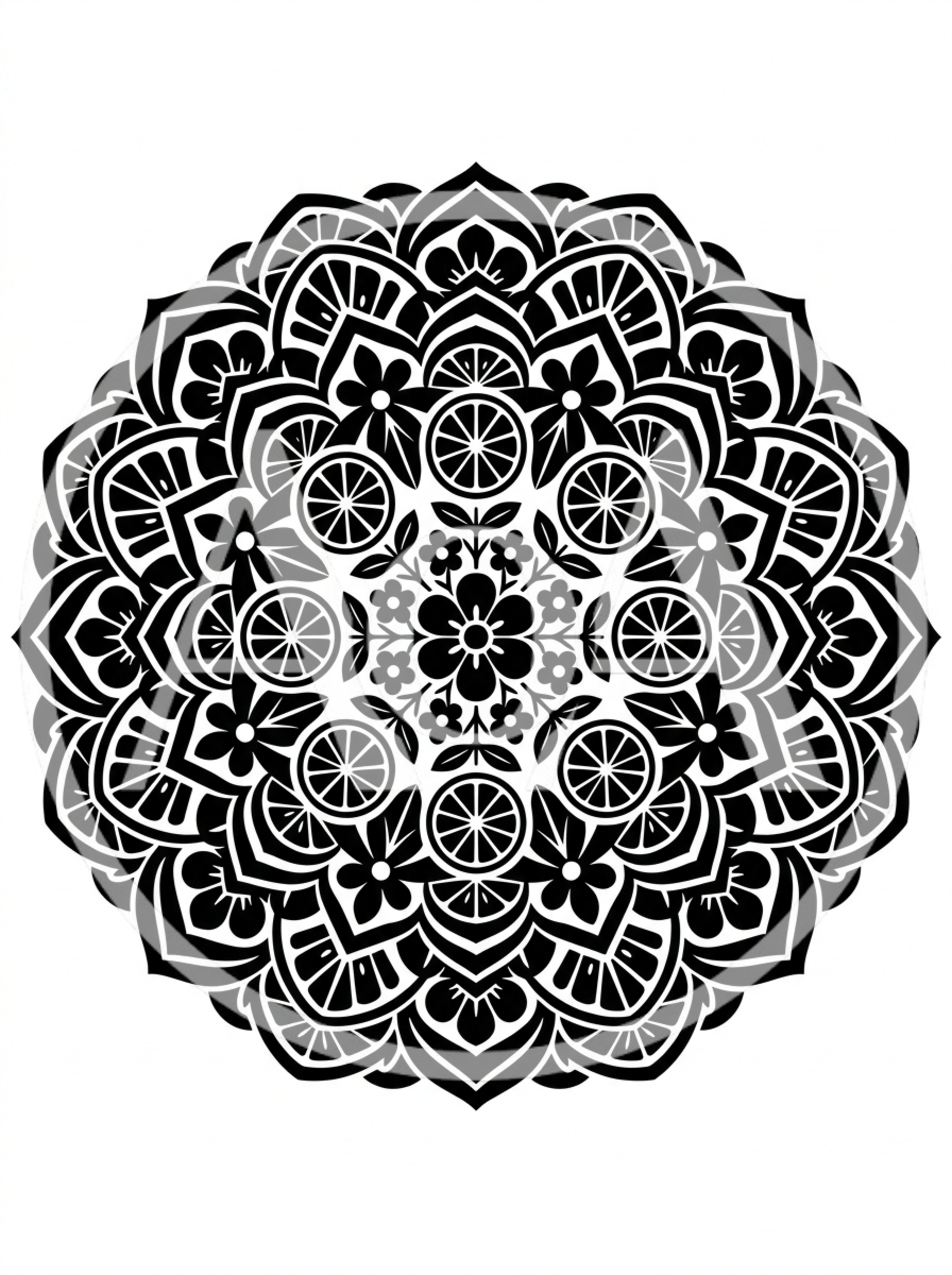 Black And White Floral Citrus Mandala Illustration