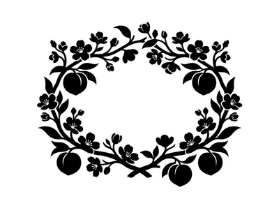 Black Silhouette Wreath Of Peach Blossoms And Fruits