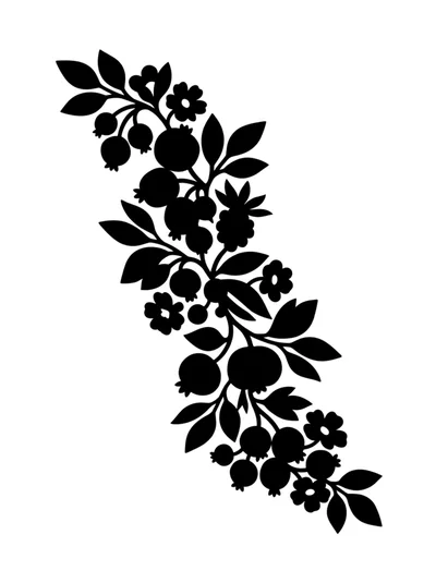 Black Silhouette Floral Branch With Berries And Leaves