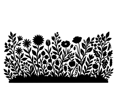 Black Silhouette Of Wildflowers And Berries Border