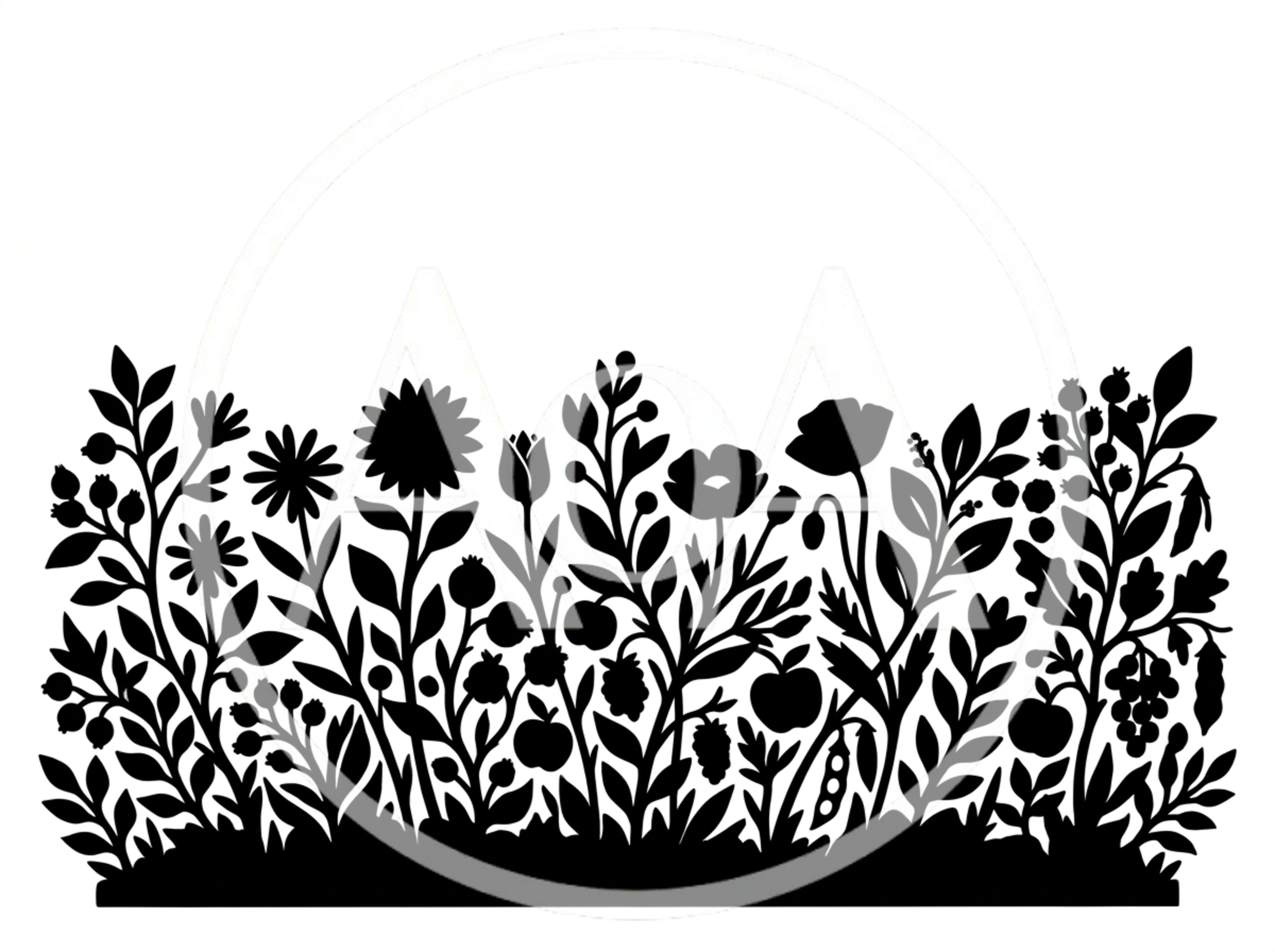 Black Silhouette Of Wildflowers And Berries Border