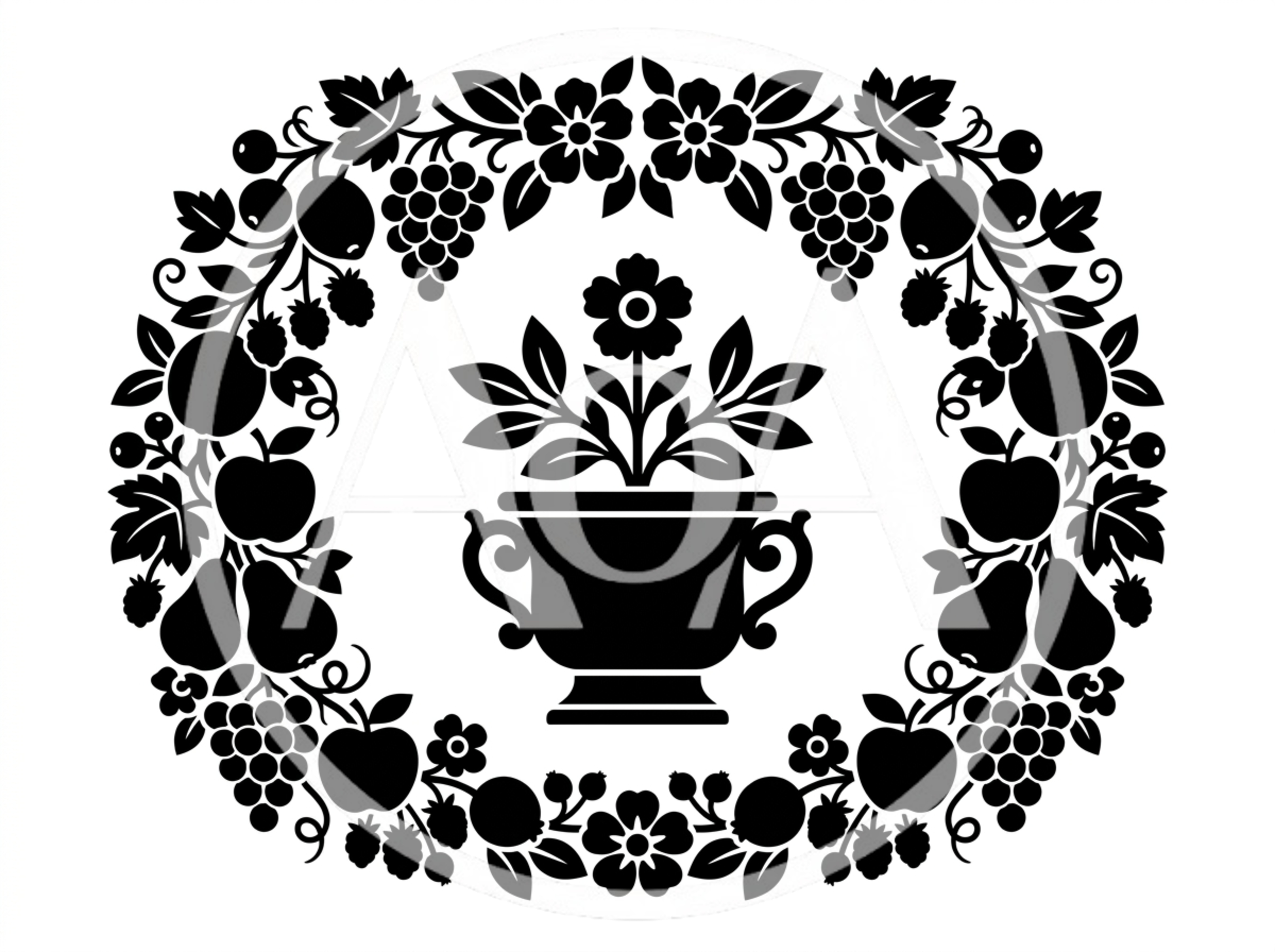 Black And White Floral Wreath With Central Urn