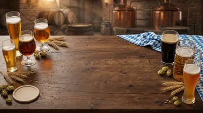 Assorted Beer Glasses On A Rustic Wooden Table