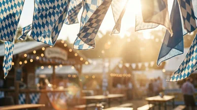 Bavarian Oktoberfest Flags Hanging at Outdoor Festival