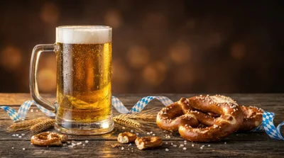 Glass Mug Of Beer With Pretzels On Wooden Table